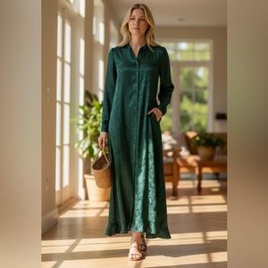 LOUP Emerald Green Satin Maxi Dress Size Medium The Toile Jacquard New Button Up